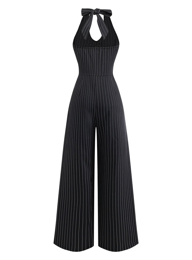 Schwarzer 50er Ärmelloses Jumpsuit mit Neckholder und Knopf