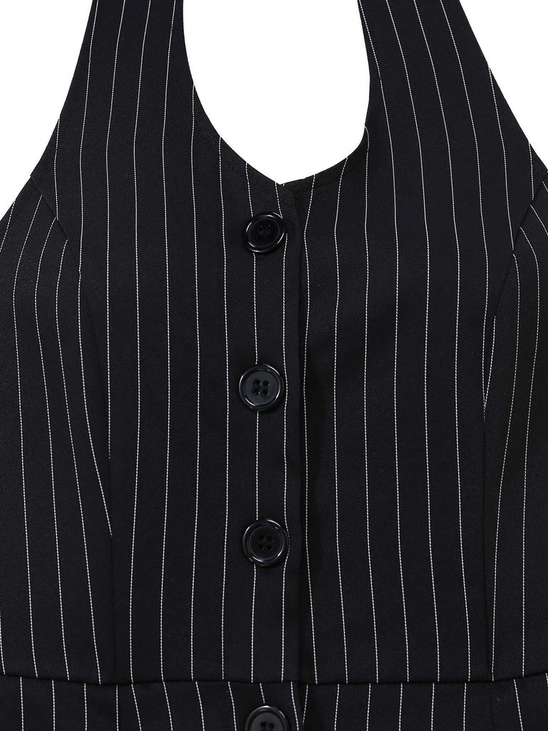 Schwarzer 50er Ärmelloses Jumpsuit mit Neckholder und Knopf