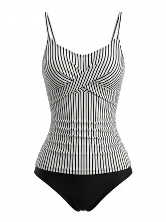 Schwarzes 50er Tankini-Set mit Spaghettiträger und Streifen