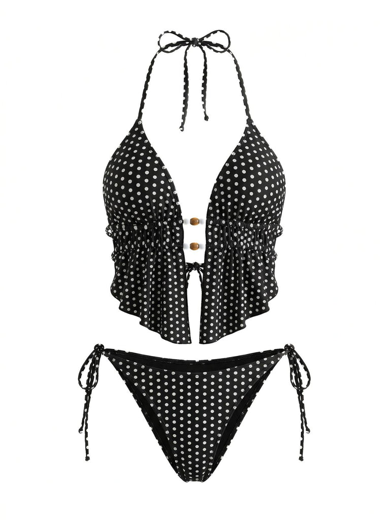 Schwarzes 60er Tankini-Set mit Polka-Dots und Neckholder