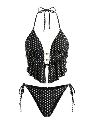 Schwarzes 60er Tankini-Set mit Polka-Dots und Neckholder