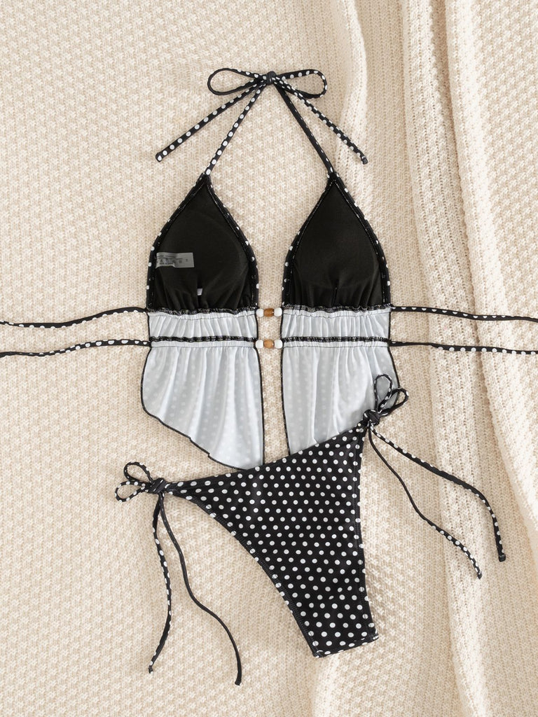 Schwarzes 60er Tankini-Set mit Polka-Dots und Neckholder