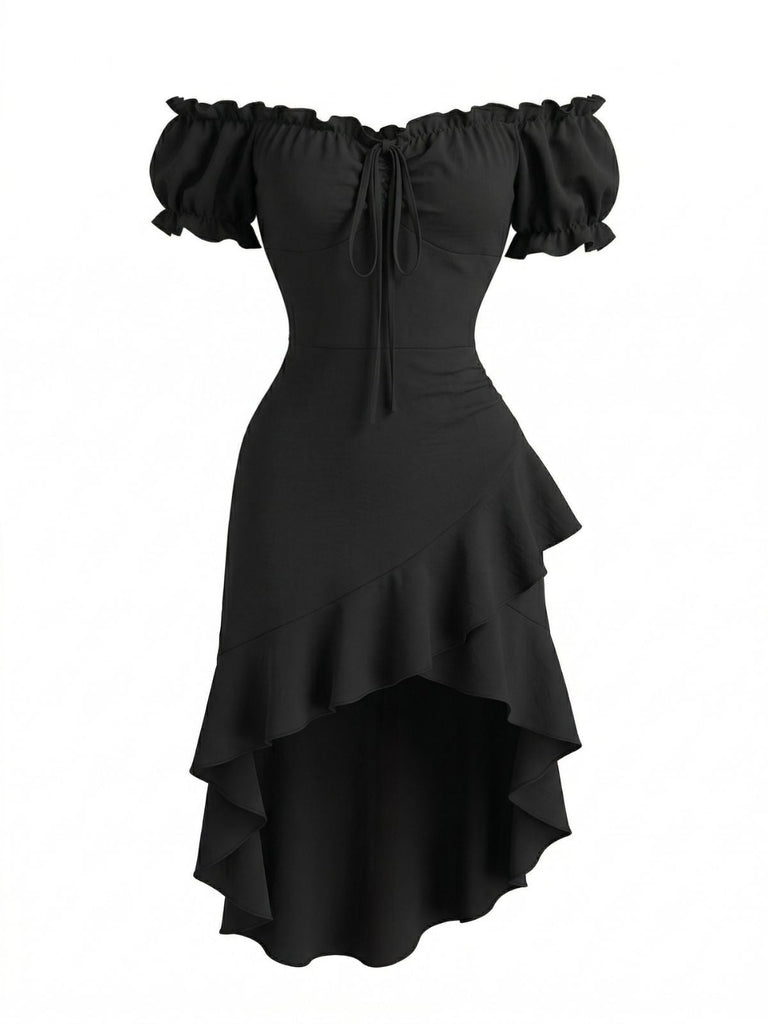 Schwarzes 60er schulterfreies Kleid mit Puffärmel und Rüschen