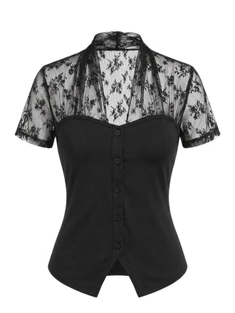 Schwarze 60er Bluse mit V-Ausschnitt und Patchwork
