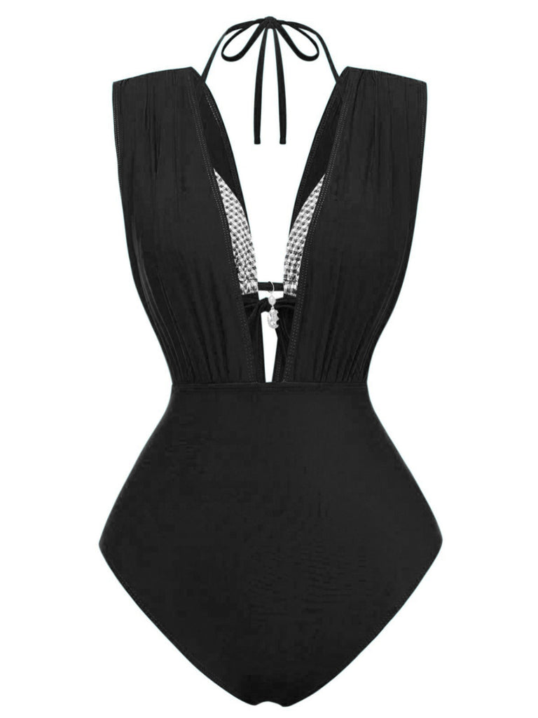 Schwarzer Bikini-Oberteil mit Karomuster im Stil der 1960er Jahre, Neckholder, tiefem Ausschnitt und Raffungen