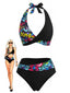 Schwarzes 70er Neckholder-Bikini-Set mit Graffiti-Print und Patchwork