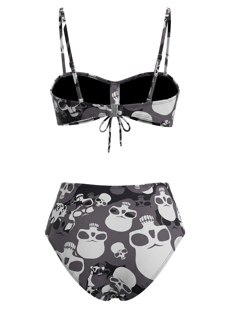 Schwarzes 80er Gothic Bikini-Set mit Kordelzug und Totenkopf