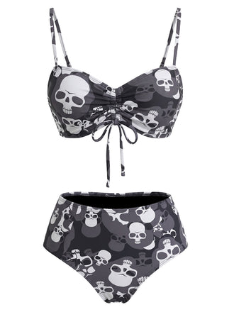 Schwarzes 80er Gothic Bikini-Set mit Kordelzug und Totenkopf