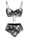 Schwarzes 80er Gothic Bikini-Set mit Kordelzug und Totenkopf