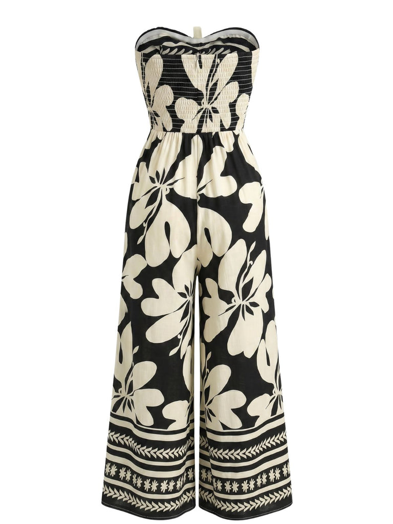 Schwarzer 70er Trägerloser Jumpsuit mit Blumen und Vorderbindung