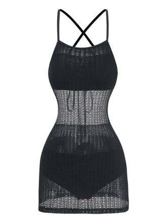 Schwarzes 80er Ärmelloses Strick-Badekleid mit Criss-Cross