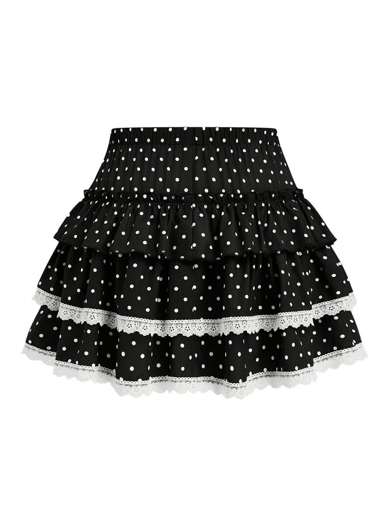 Schwarzer Minirock mit Polka-Dots und Rüschen aus Spitze, Rückansicht mit mehrlagigem Rüschendesign für einen femininen Vintage-Stil