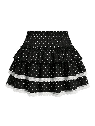 Schwarzer Minirock mit Polka-Dots und Rüschen aus Spitze, Rückansicht mit mehrlagigem Rüschendesign für einen femininen Vintage-Stil