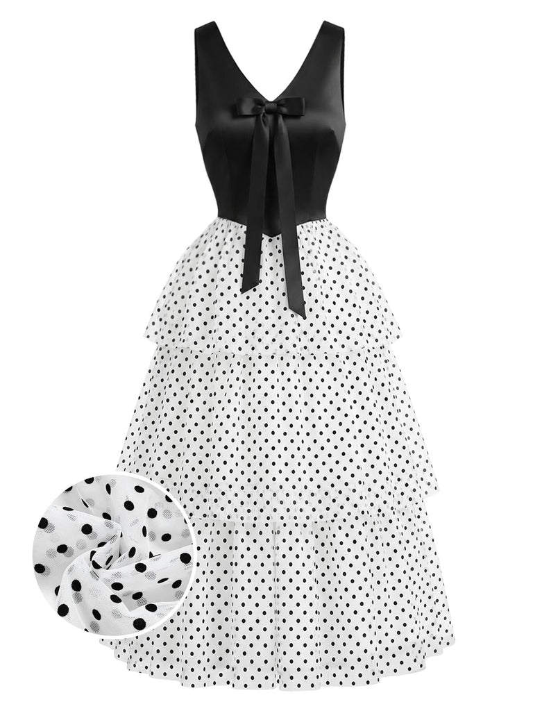 Schwarzes & Weißes 40er Chiffon-Kleid mit Polka-Dots und Rüschen
