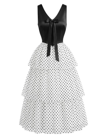 Schwarzes & Weißes 40er Chiffon-Kleid mit Polka-Dots und Rüschen