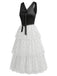Schwarzes & Weißes 40er Chiffon-Kleid mit Polka-Dots und Rüschen