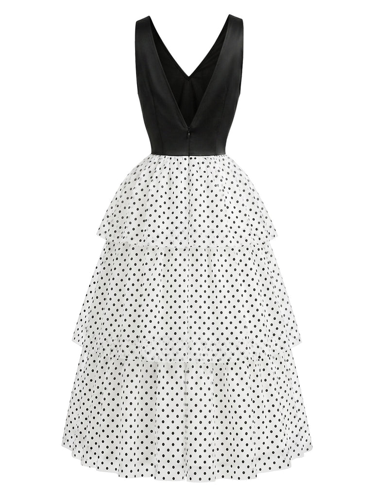 Schwarzes & Weißes 40er Chiffon-Kleid mit Polka-Dots und Rüschen