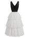 Schwarzes & Weißes 40er Chiffon-Kleid mit Polka-Dots und Rüschen