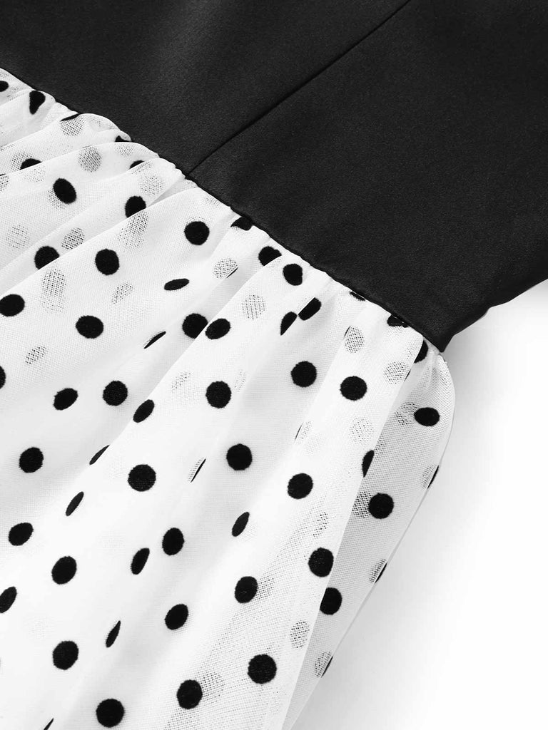Schwarzes & Weißes 40er Chiffon-Kleid mit Polka-Dots und Rüschen