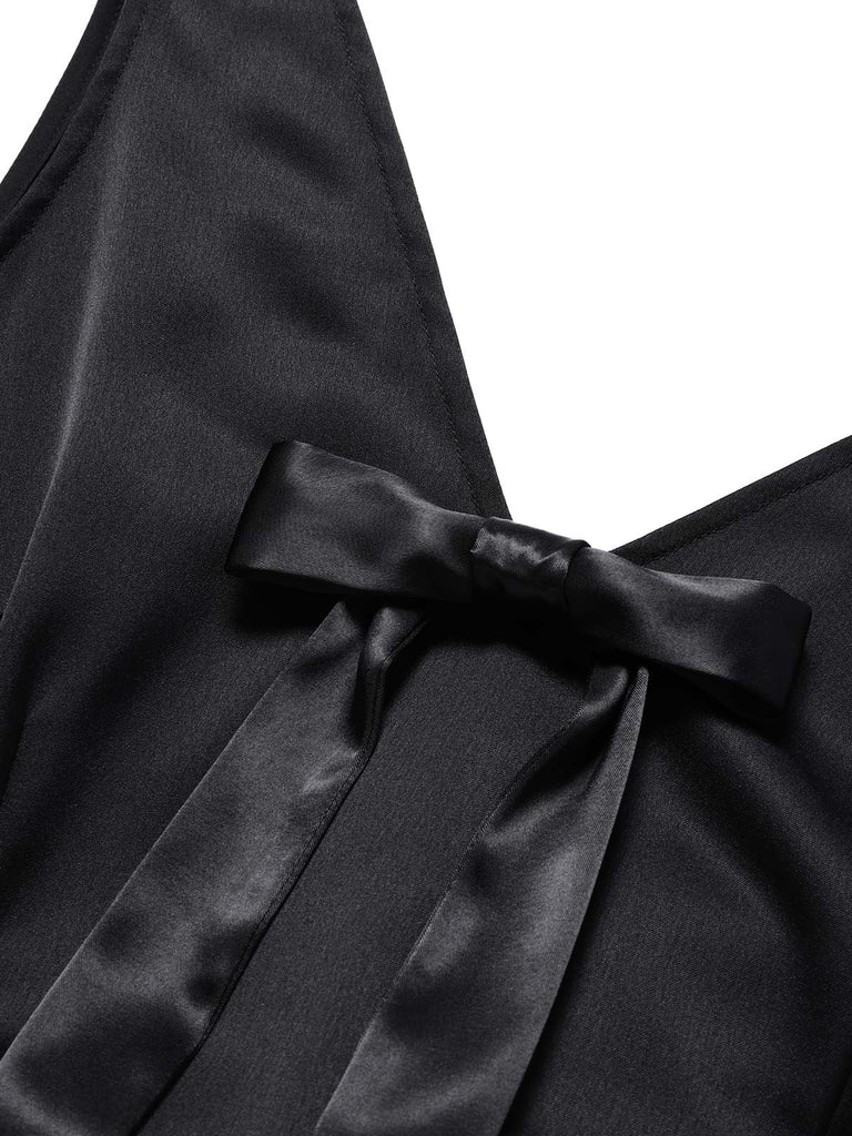 Schwarzes & Weißes 40er Chiffon-Kleid mit Polka-Dots und Rüschen