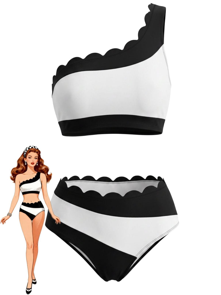 Schwarzes & Weißes 50er Bikini-Set & Shorts mit One-Shoulder