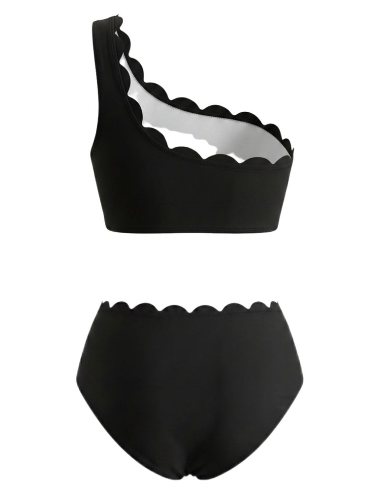 Schwarzes & Weißes 50er Bikini-Set & Shorts mit One-Shoulder