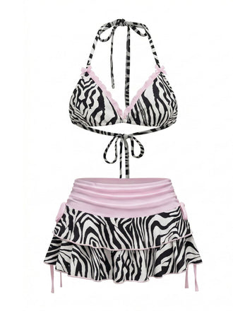 Schwarzes & Weißes 50er Bikini-Set mit Streifen und Zebra
