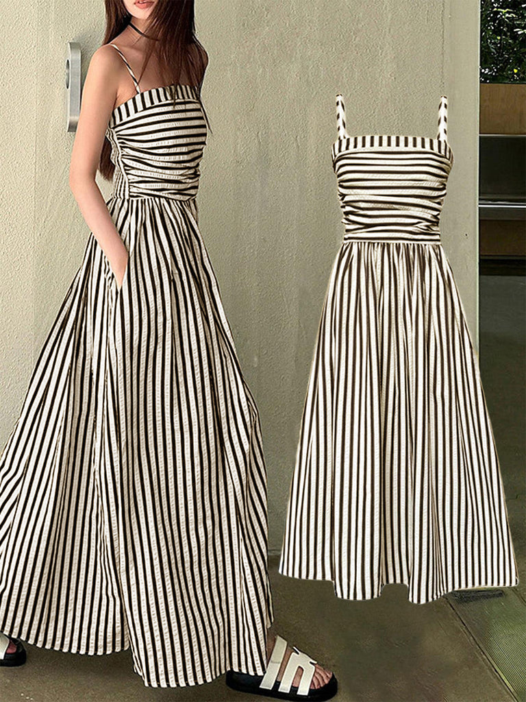 Schwarz & Creme 1950er Spaghetti Gurt Streifen Kleid