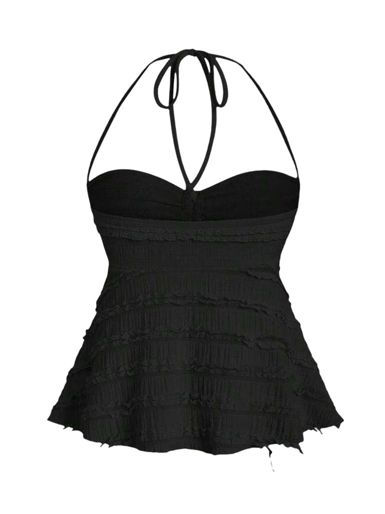 Schwarzes Y2K Babydoll-Top mit einfarbigem, strukturiertem Neckholder und Raffungen, Rückansicht