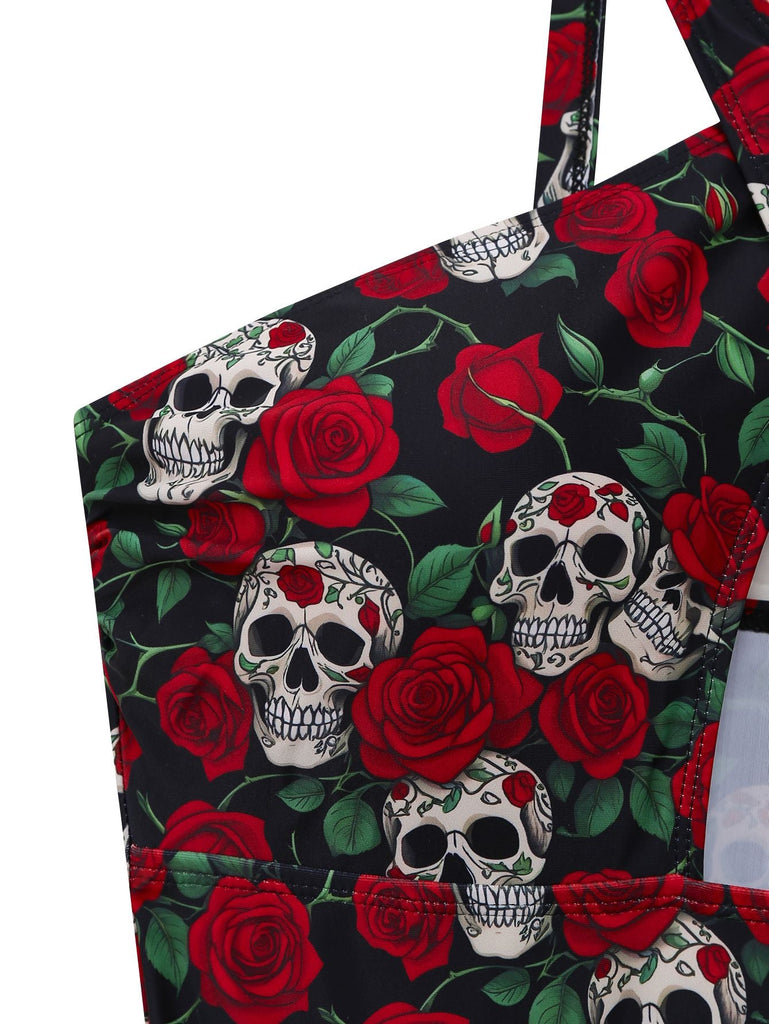Details: Schwarzer Neckholder-Badeanzug im Stil der 1950er Jahre mit Skelett-Rosenmuster, klassische Silhouette, perfekt für Vintage-Mode-Liebhaber