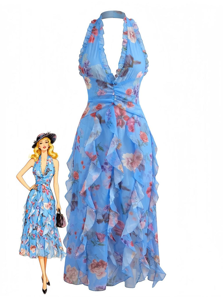 Maxikleid mit Blumenmuster, Falten und Gürtel aus den 1930er Jahren 3