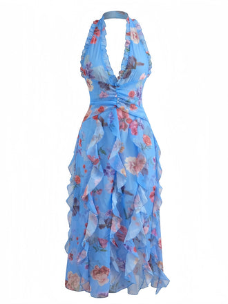 Maxikleid mit Blumenmuster, Falten und Gürtel aus den 1930er Jahren 2
