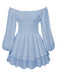 Blau 1950er Uni Schulterfrei Langarm Gesmoked Mini Kleid