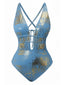 Blau 1970er Tiefer V Halter Distressed-Optik Strukturiert Badeanzug