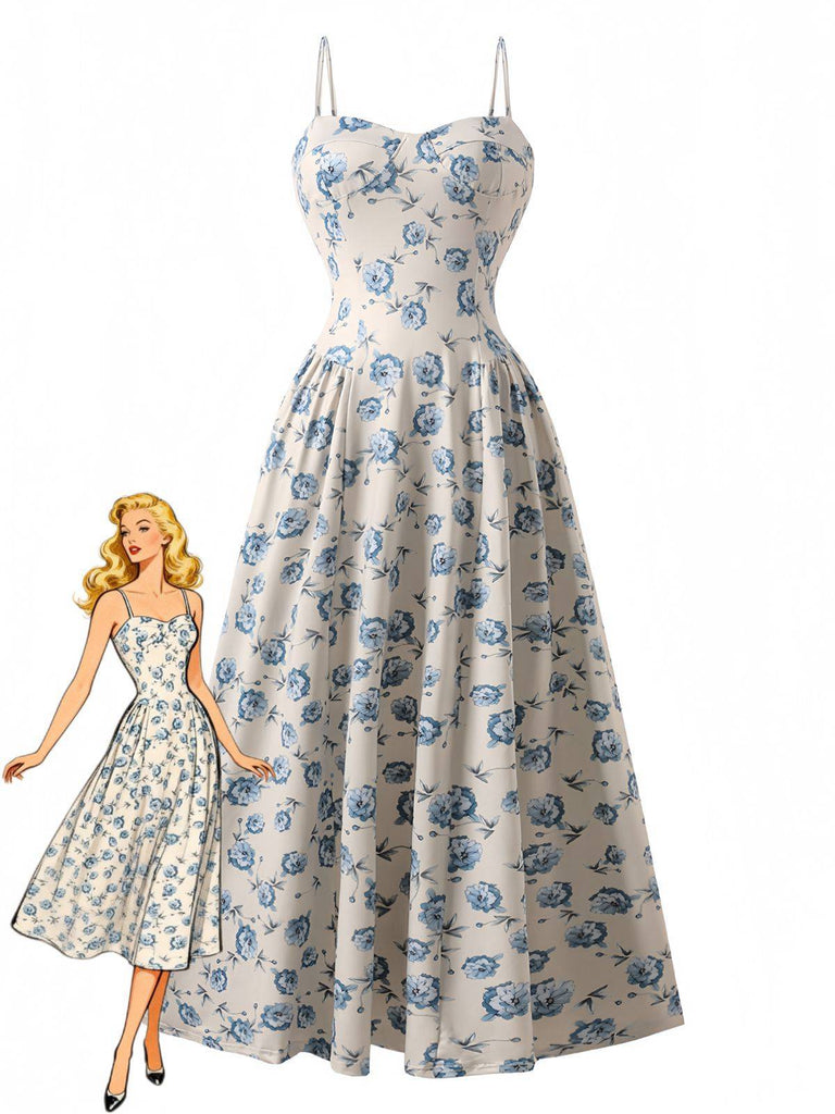 Blaues Maxikleid mit Blumenmuster und Spaghettiträgern im Stil der 1930er Jahre