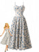 Blaues Maxikleid mit Blumenmuster und Spaghettiträgern im Stil der 1930er Jahre