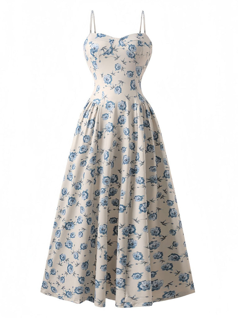 Blaues Maxikleid mit Blumenmuster und Spaghettiträgern aus den 1930er Jahren, Vorderansicht