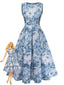 Blau 1950er All-Over Ölmalerei Blumen Ärmelloses Kleid