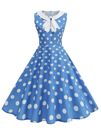 Blau 1950er Polka Dot Peter-Pan-Kragen Ärmelloses Kleid