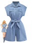 Blau 1980er Denim Durchgeknöpft Utility Romper