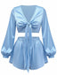 2PCS 1960er Satin Vorne-gebunden Kurz Top & Shorts