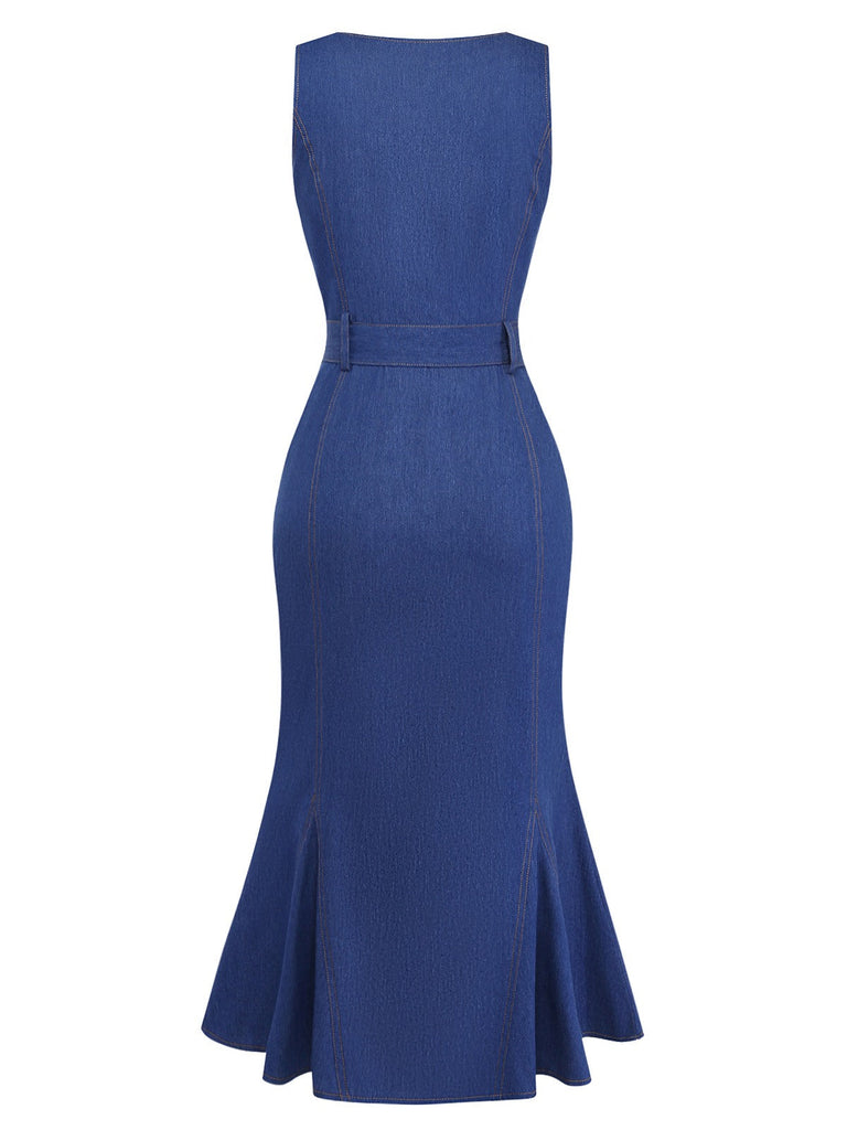Ärmelloses Meerjungfrauenkleid aus blauem Denim im Stil der 1930er Jahre