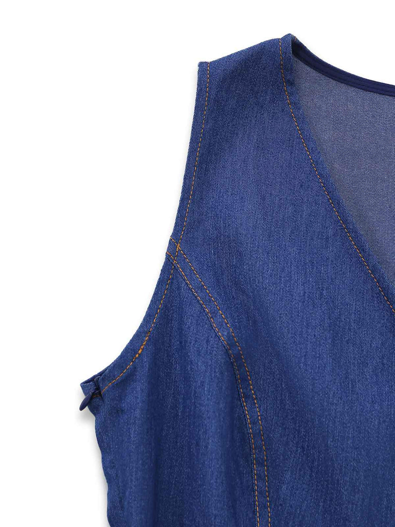 Ärmelloses Meerjungfrauenkleid aus blauem Denim im Stil der 1930er Jahre