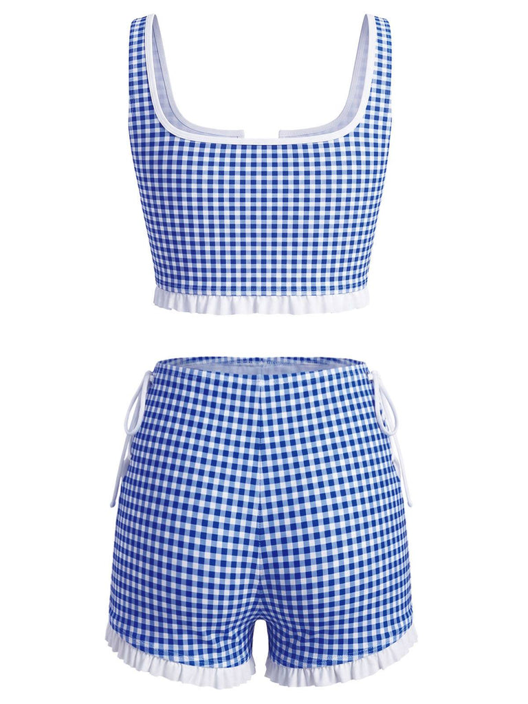 Blauer Tankini im Stil der 1930er Jahre mit Vichy-Karo, Rosenstickerei und Rückenansicht