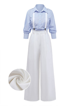 [Vorverkauf] Blau 1930er Streifen 2-Teiler-Optik Abnehmbar Träger Jumpsuit