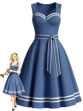 Blaues 40er Sailor-Kleid mit Kontrastbesatz und Taschen