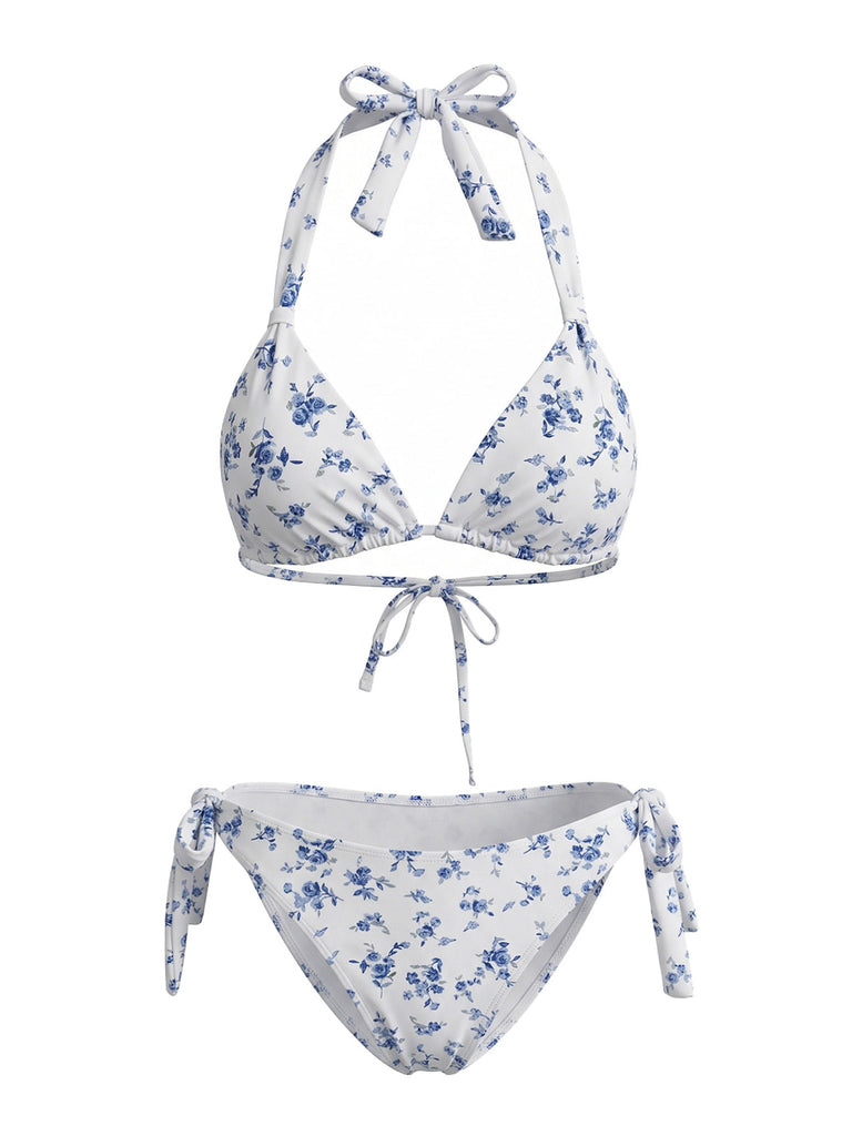 Blaues 40er Bikini-Set mit Ditsy-Blumen und Neckholder