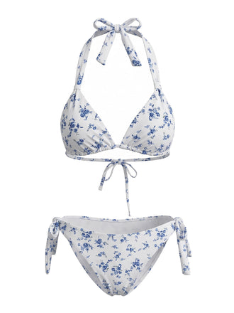 Blaues 40er Bikini-Set mit Ditsy-Blumen und Neckholder