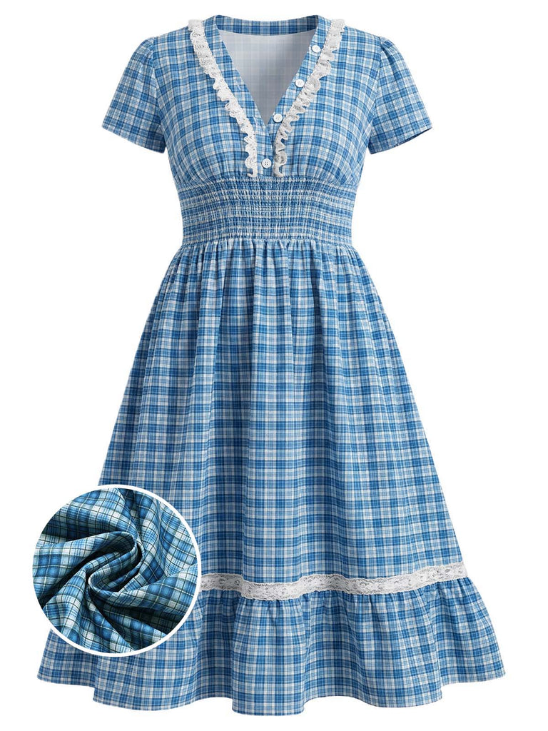 [Übergröße] Blaues 40er Kleid mit V-Ausschnitt und Spitze