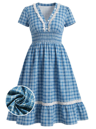 [Übergröße] Blaues 40er Kleid mit V-Ausschnitt und Spitze